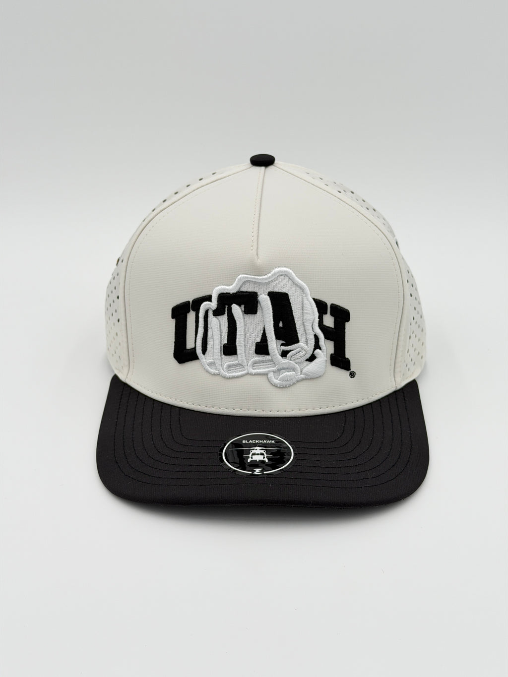 OFFICIAL U OF U WHITE W/BLACK BRIM BLACKHAWK HAT