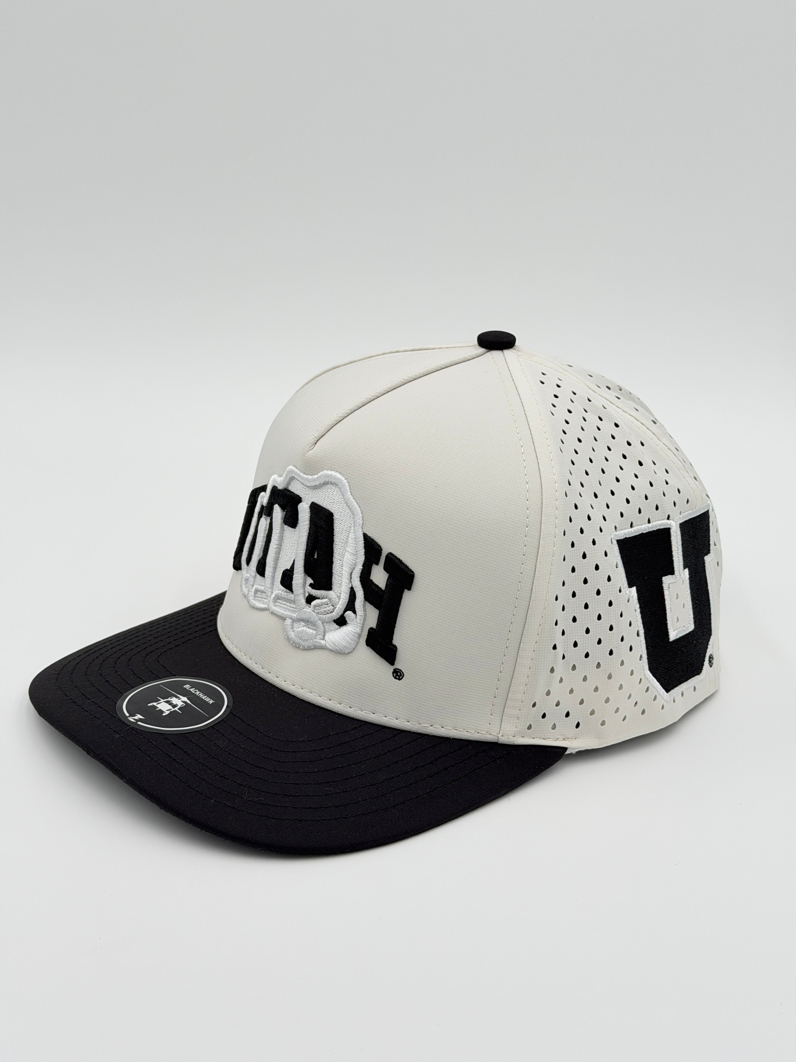 OFFICIAL U OF U WHITE W/BLACK BRIM BLACKHAWK HAT