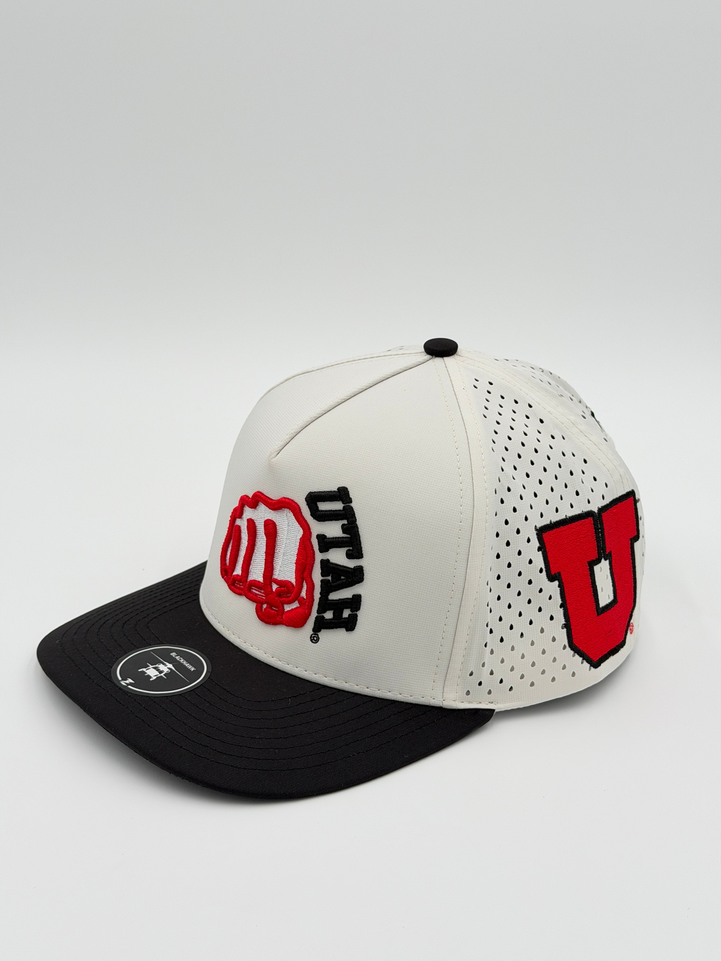 OFFICIAL U OF U WHITE W/BLACK BRIM BLACKHAWK HAT