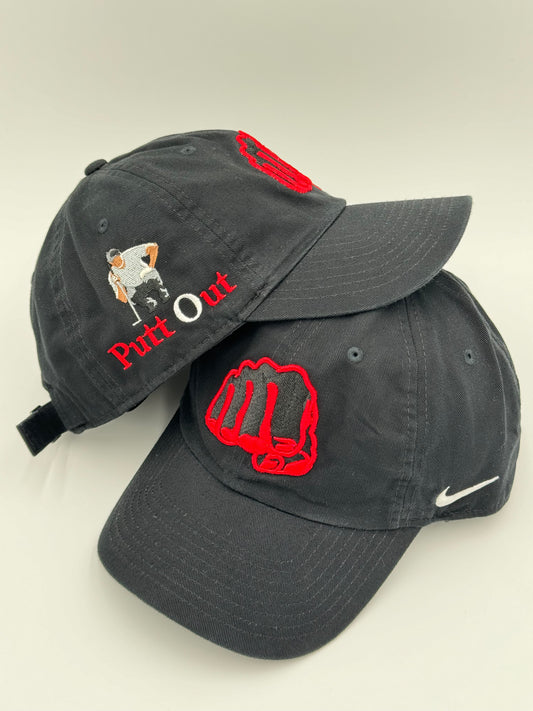 Putt Out, male putter, black Nike golf hat