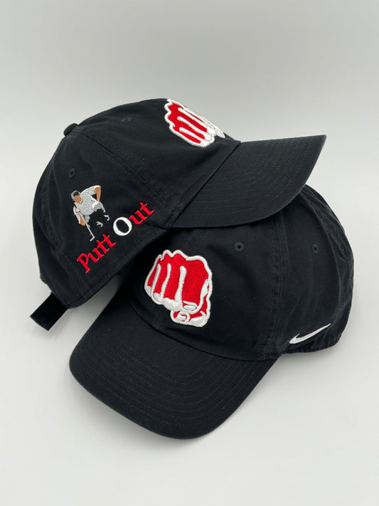 Putt Out, male putter, black Nike golf hat